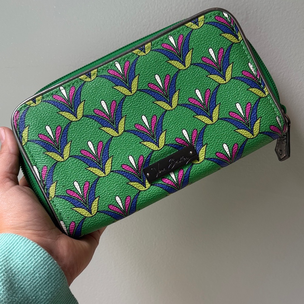 Vera Bradley Green Floral Zip Wallet with Pink & Blue Accents